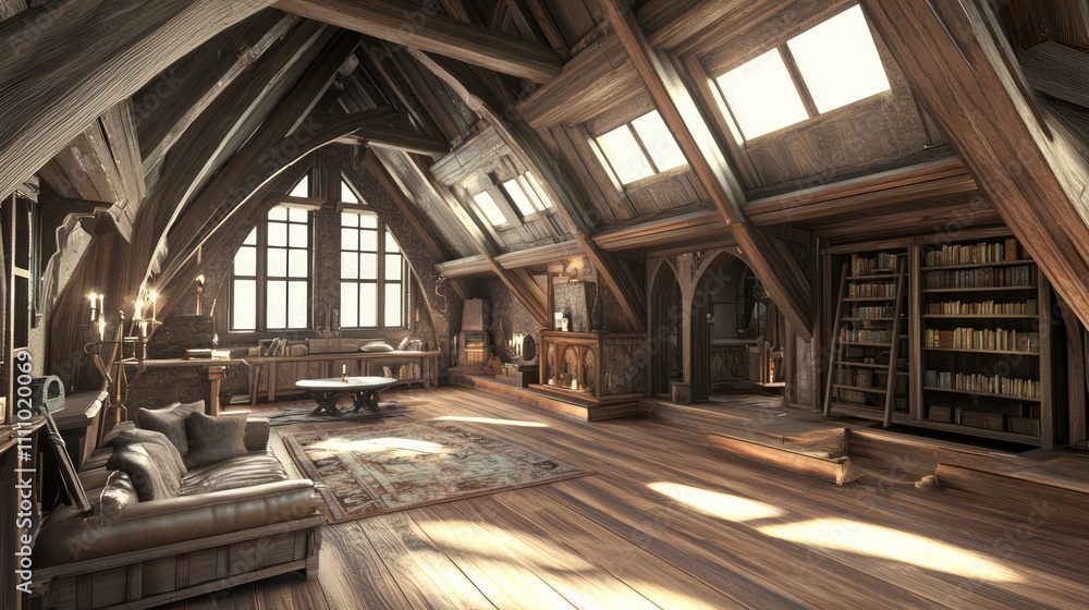 Modern-Medieval Fusion: Cozy Attic Retreat with Urban Furniture and Vintage Accents | Ultra-Detailed Interior Design Image Modern-Medieval Fusion: Cozy Attic Retreat with Urban Furniture and Vintage Accents | Ultra-Detailed Interior Design Image