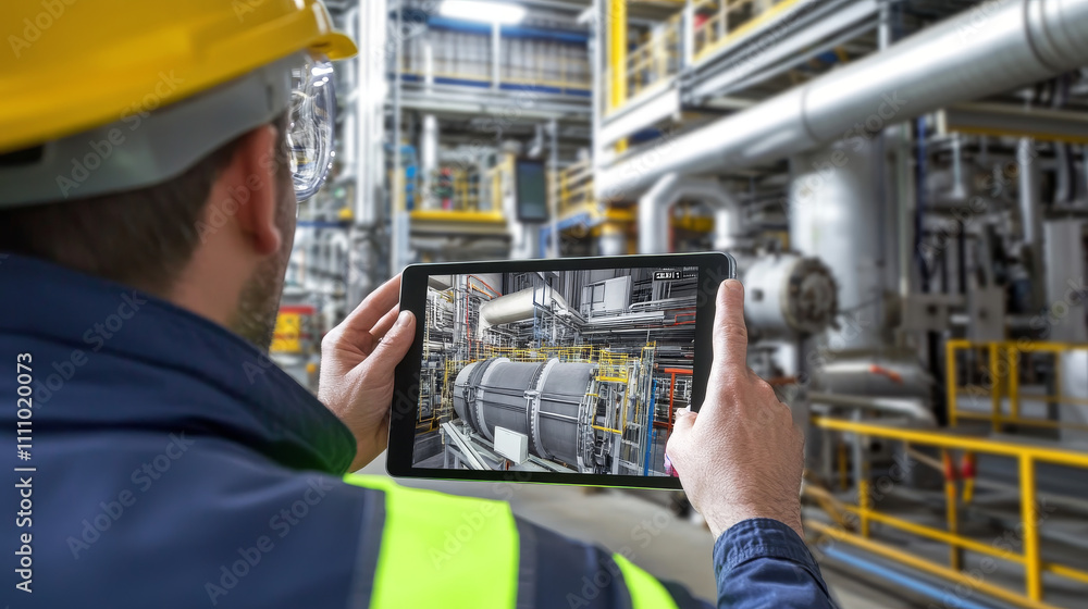 Factory Office Facility: Chief Engineer Holds Tablet Computer, Shows Augmented Reality Model of an Electric Generator to a Female Project Manager. Modern Industry 4.0 Research and Development Center. Factory Office Facility: Chief Engineer Holds Tablet Computer, Shows Augmented Reality Model of an Electric Generator to a Female Project Manager. Modern Industry 4.0 Research and Development Center.