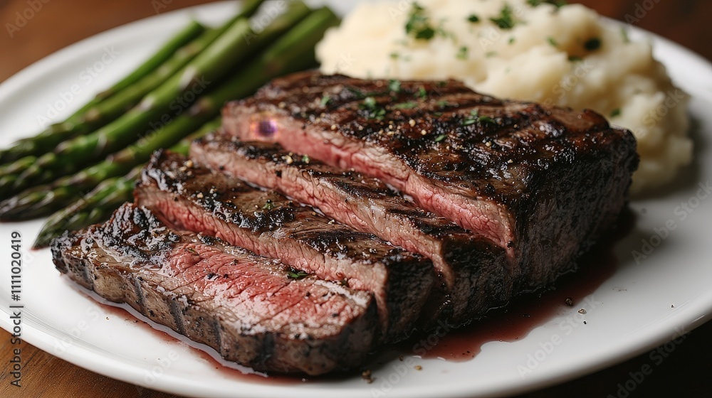 A plate featuring grilled steak, asparagus, and mashed potatoes, showcasing a gourmet meal. A plate featuring grilled steak, asparagus, and mashed potatoes, showcasing a gourmet meal.
