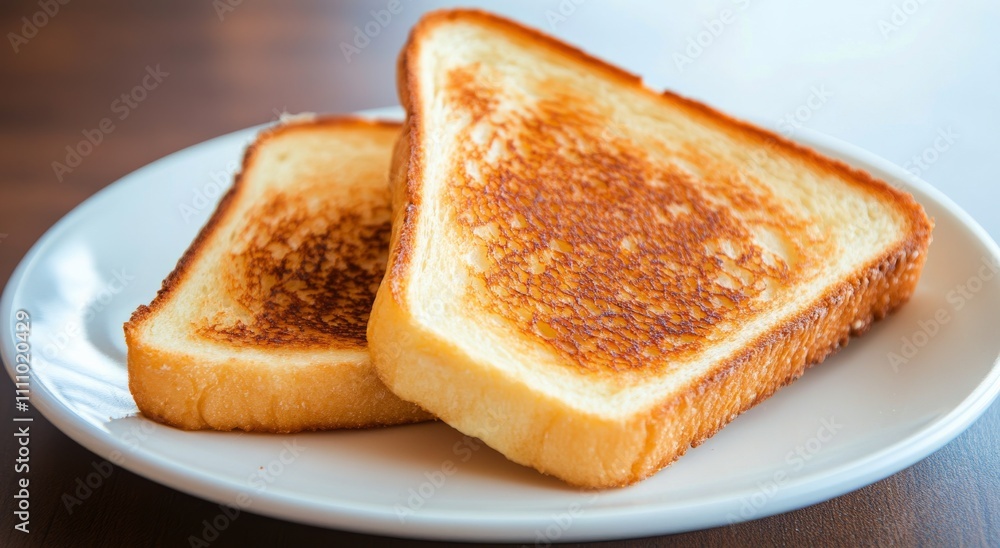 Delicious slices of toasted bread topped with butter and sugar on a wooden plate Delicious slices of toasted bread topped with butter and sugar on a wooden plate