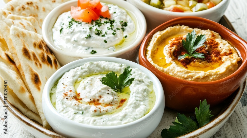 Photo of, A platter of assorted Greek dips including tzatziki, hummus Photo of, A platter of assorted Greek dips including tzatziki, hummus