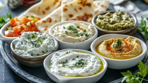 Photo of, A platter of assorted Greek dips including tzatziki, hummus