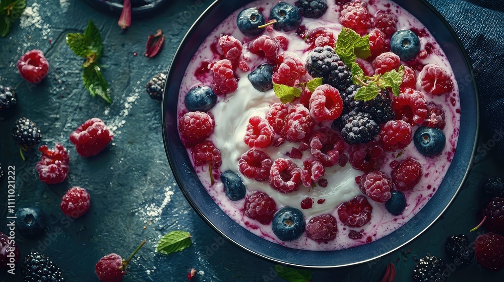 Fresh Mixed Berries in a Bowl with Creamy Yogurt and Mint Garnish on a Dark Stone Surface with Scattered Berries and Mint Leaves Fresh Mixed Berries in a Bowl with Creamy Yogurt and Mint Garnish on a Dark Stone Surface with Scattered Berries and Mint Leaves