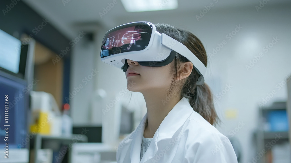 abstract image of the asian scientist doctor using a VR glasses and overlay with futuristic graphic hologram technology ideas concept