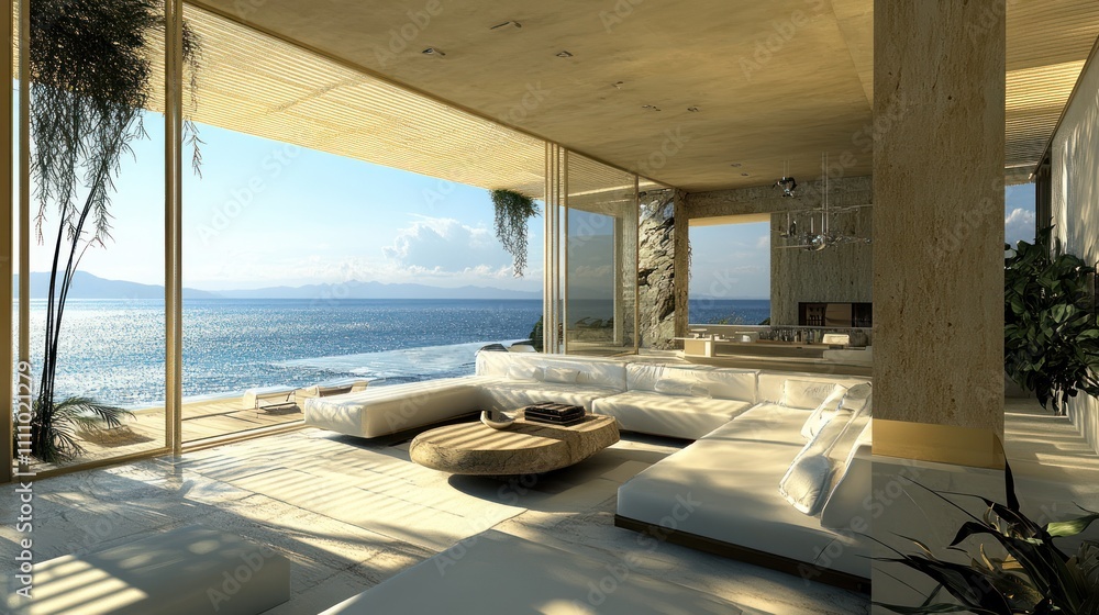 Fototapeta premium Modern living room with ocean view and minimalist design.