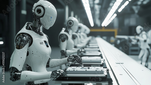 Industrial Robot Arms Assemble Lithium-Ion EV Battery Pack. Row of White Robotic Arms at Automated Production Line at Bright Modern Factory. Electric Car Manufacturing Inside Automotive Smart Factory