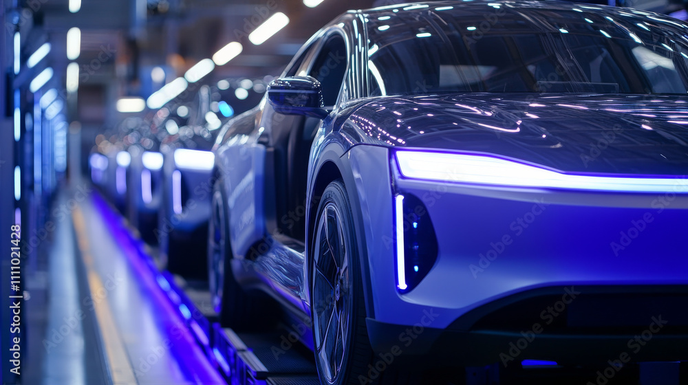 Side-View Car Factory Digitalization: Automated Robot Arm Assembly Line Manufacturing High-Tech Sustainable Electric Vehicles. Futuristic AI Computer Vision Analyzing, Scanning Production Efficiency Side-View Car Factory Digitalization: Automated Robot Arm Assembly Line Manufacturing High-Tech Sustainable Electric Vehicles. Futuristic AI Computer Vision Analyzing, Scanning Production Efficiency