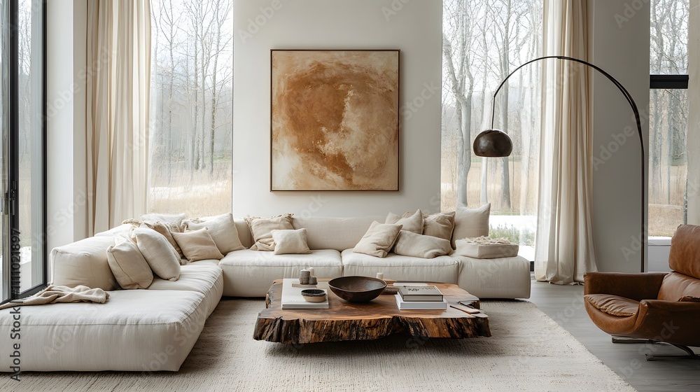 Fototapeta premium Bright and cozy room with a large, comfortable sofa, natural wood coffee table, and soft, warm-toned decor. Scandinavian home interior design of modern living room.