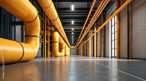 Thermal insulation ducts in industrial setting hot air management efficient workflow modern architecture wide-angle perspective