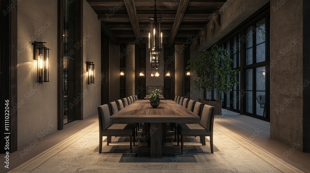 Modern-Medieval Elegance: Photorealistic Dining Area with Wooden Table and High-Backed Chairs in Ambient Lighting Modern-Medieval Elegance: Photorealistic Dining Area with Wooden Table and High-Backed Chairs in Ambient Lighting