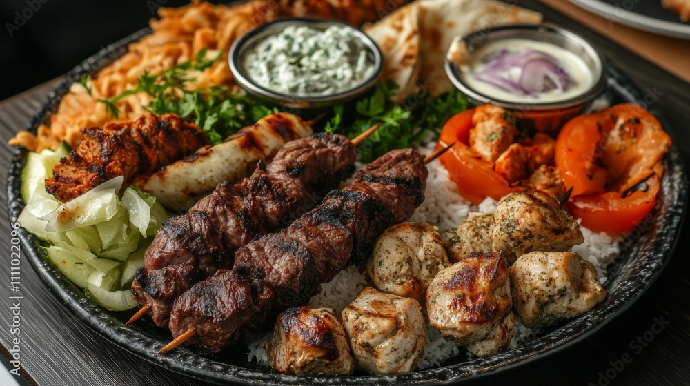 Photo of, A platter of assorted Middle Eastern kebabs including lamb, chicken Photo of, A platter of assorted Middle Eastern kebabs including lamb, chicken