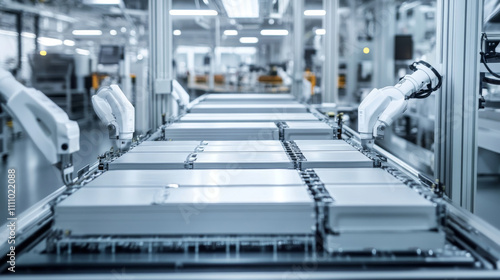 White Robot Arms on Automated EV Battery Components Production Line. Electric Car Battery Pack Manufacturing Process. Conveyor Belt on a Modern Factory.