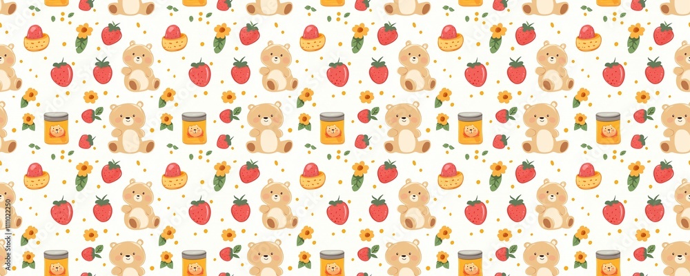 Obraz premium seamless pattern of Adorable teddy bears strawberries honey red yellow cute kids background 