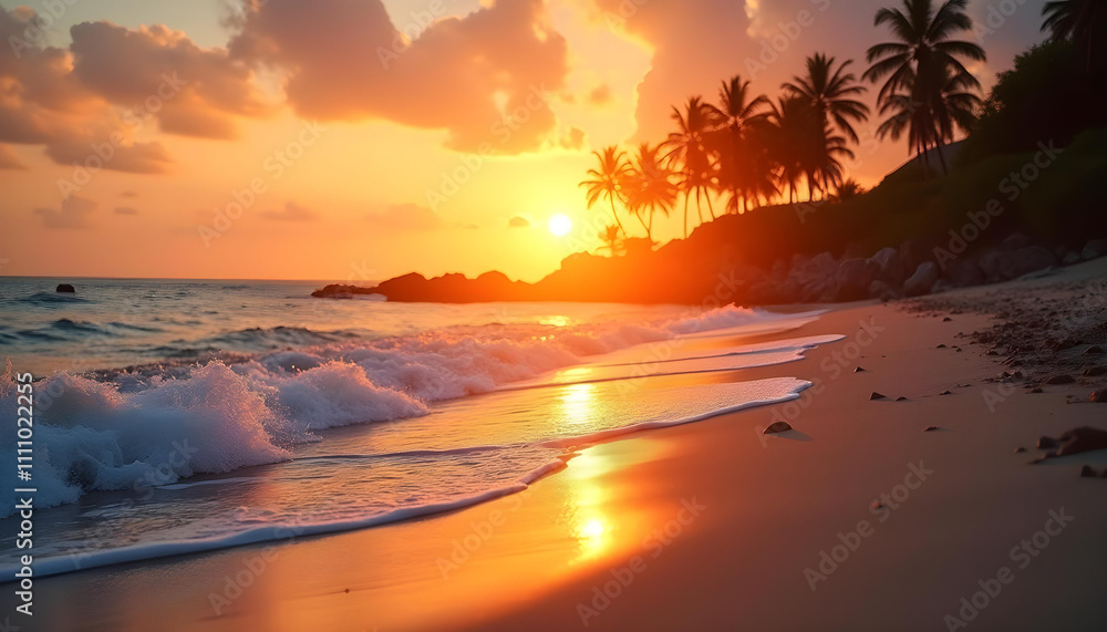 A serene beach at sunset, gentle waves lapping at the shore, with silhouettes of palm trees, enhancing the tranquil mood. A serene beach at sunset, gentle waves lapping at the shore, with silhouettes of palm trees, enhancing the tranquil mood.