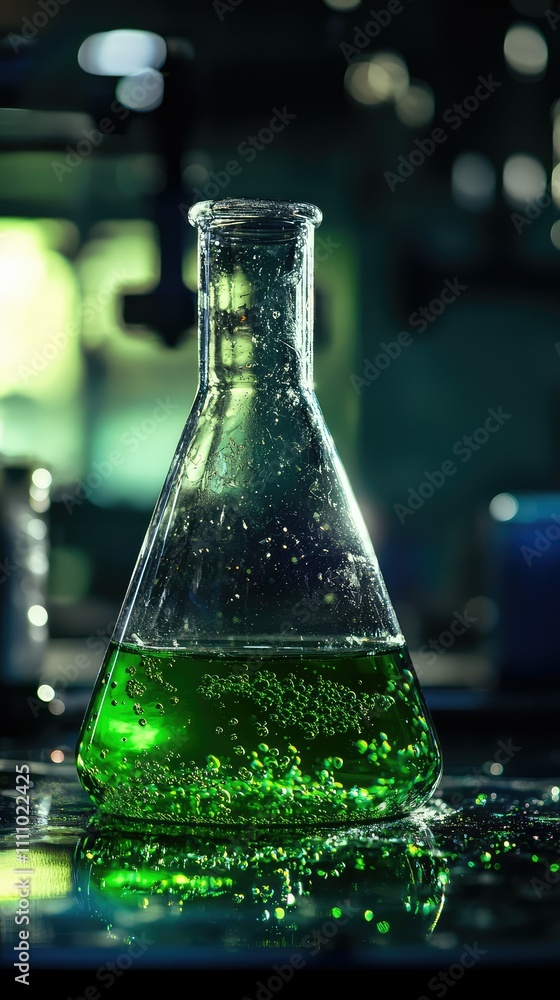 Glass flask filled with vibrant green liquid, bubbling and sparkling, set in a laboratory with a blurred background of scientific equipment and natural light streaming in Glass flask filled with vibrant green liquid, bubbling and sparkling, set in a laboratory with a blurred background of scientific equipment and natural light streaming in