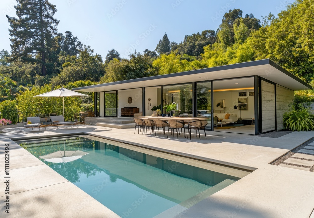 Fototapeta premium Modern house with sleek design overlooking serene pool area and lush greenery in a tranquil outdoor setting, perfect for lifestyle and architecture photography