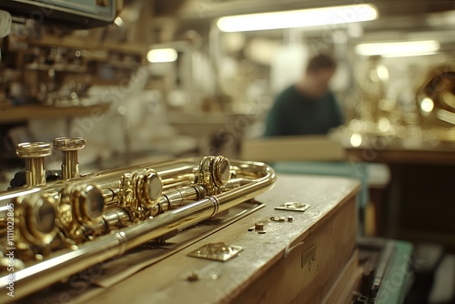 Artistic compositions showcasing the creation, repair, and craftsmanship of brass musical instruments, featuring vibrant golden tones, skilled artisans, and detailed close-up photography photo