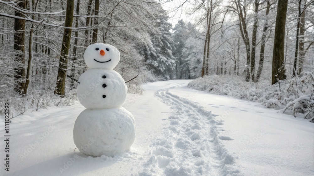 Cheerful snowman standing in a snowy forest path Cheerful snowman standing in a snowy forest path