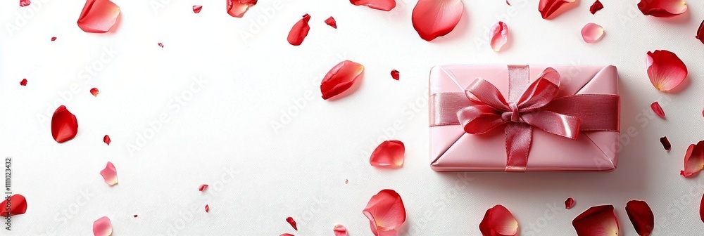 Delicate pink gift box surrounded by rose petals for a romantic occasion Delicate pink gift box surrounded by rose petals for a romantic occasion