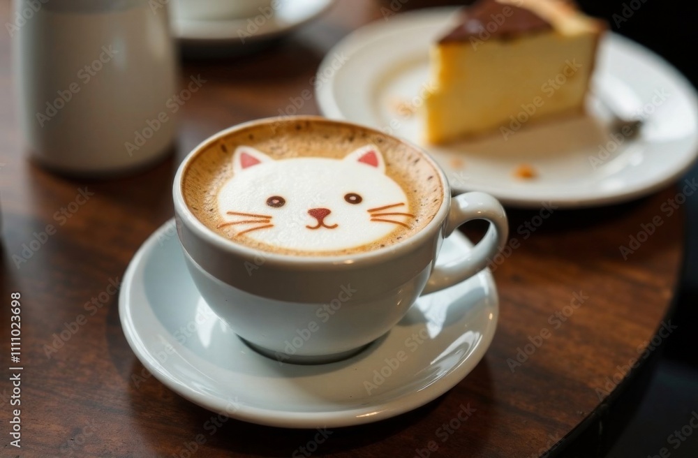 The face of a cute cat is drawn with cinnamon on the milk foam of a cup of cappuccino, latte. Nearby there is dessert on the cafe table The face of a cute cat is drawn with cinnamon on the milk foam of a cup of cappuccino, latte. Nearby there is dessert on the cafe table