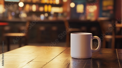 Cozy coffee cup sitting on a wooden table in a warm cafe atmosphere