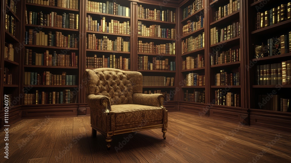 Cozy Medieval-Inspired Library Nook with Plush Armchair and Floor-to-Ceiling Bookshelves, Warmly Lit Interior Design Scene Cozy Medieval-Inspired Library Nook with Plush Armchair and Floor-to-Ceiling Bookshelves, Warmly Lit Interior Design Scene