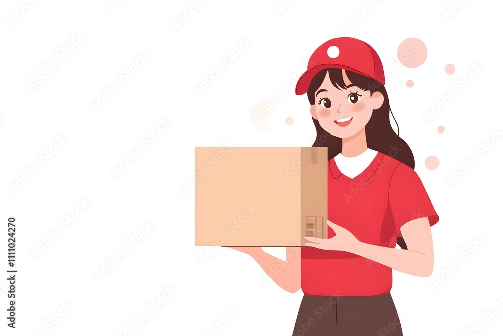 Delivery employee woman wearing cap hold cardboard box on white background Delivery employee woman wearing cap hold cardboard box on white background
