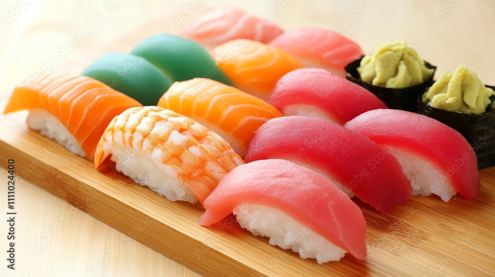 Photo of, A platter of assorted sushi nigiri featuring tuna, salmon Photo of, A platter of assorted sushi nigiri featuring tuna, salmon
