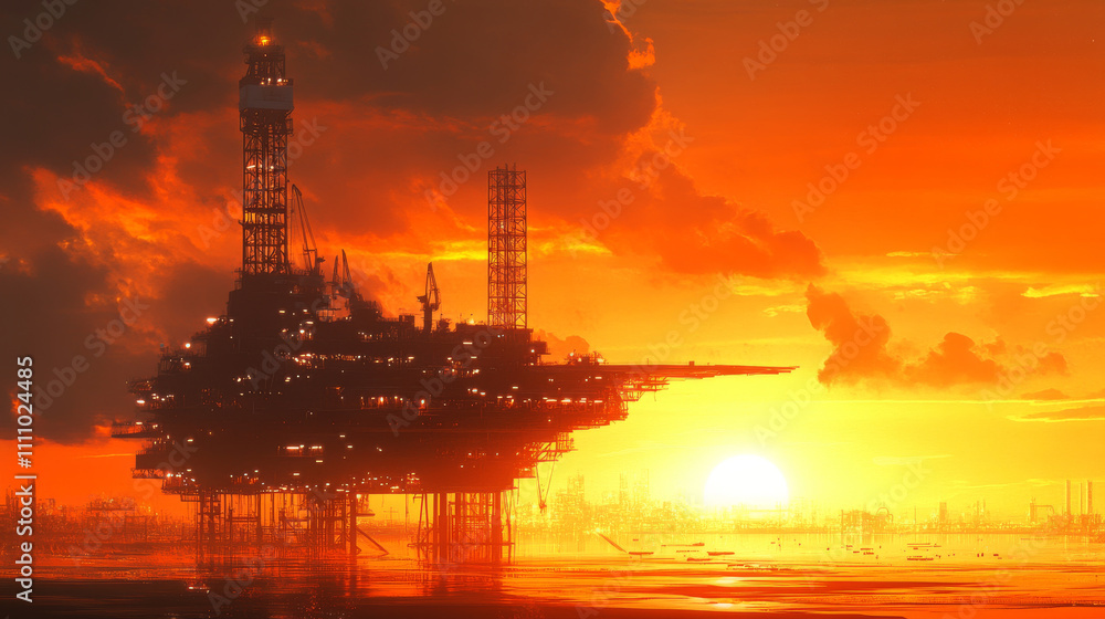 Silhouette of an oil production platform at oil field during sunset Silhouette of an oil production platform at oil field during sunset