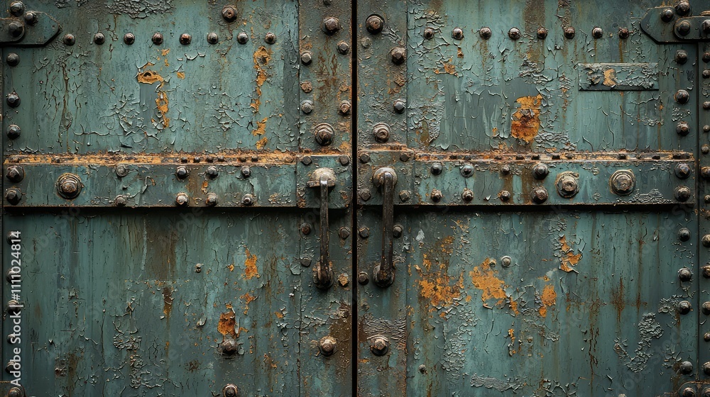 Weathered Metal Door with Rust and Peeling Paint Showcasing Textures and Industrial Charm Ideal for Backgrounds or Artwork in Various Projects Weathered Metal Door with Rust and Peeling Paint Showcasing Textures and Industrial Charm Ideal for Backgrounds or Artwork in Various Projects