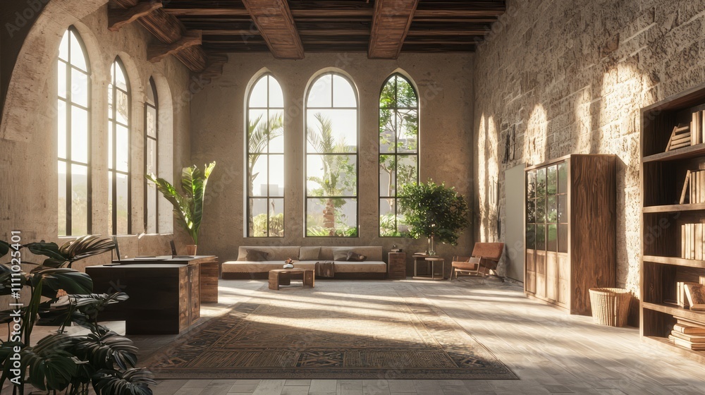 Fototapeta premium Renaissance Fusion: A Vibrant Home Office with Modern-Medieval Design, Large Windows, and Productivity-Inspiring Atmosphere | Ultra-Detailed Photorealistic Image