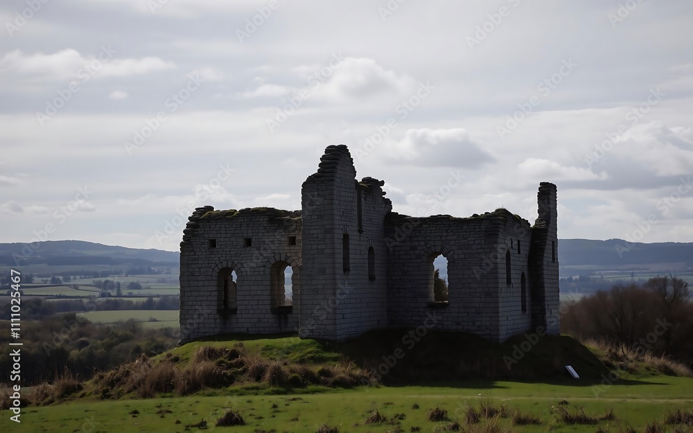 Ancient Scottish castle ruins stand majestically atop a hill Grey stone walls overgrown with nature A serene historical scene of ruined building against a tranquil landscape. Ancient Scottish castle ruins stand majestically atop a hill Grey stone walls overgrown with nature A serene historical scene of ruined building against a tranquil landscape.