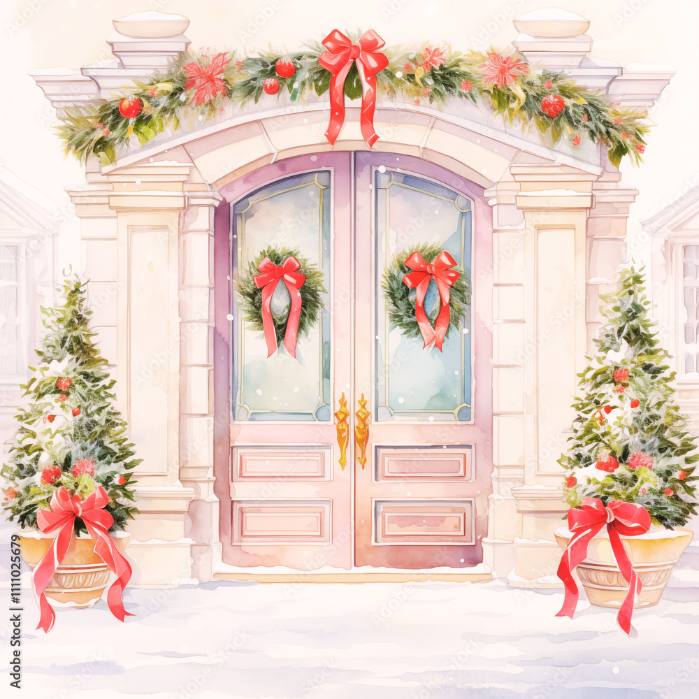 Fototapeta premium Elegant Winter Entrance With Holiday Decor and Snowy Background