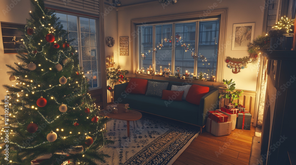 Modern Christmas living room interior in studio apartment. Large decorated Christmas tree, sofa, plaid, gift boxes, fluffy carpet, light garlands. Modern Christmas living room interior in studio apartment. Large decorated Christmas tree, sofa, plaid, gift boxes, fluffy carpet, light garlands.