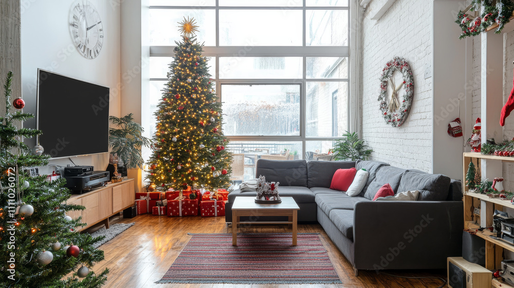 Interior of festive living room with grey sofa, coffee table and Christmas tree Interior of festive living room with grey sofa, coffee table and Christmas tree