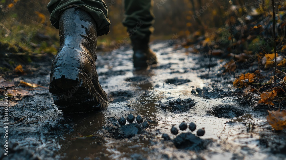 A close-up of muddy boot prints on a forest trail, highlighting a person's journey through nature and the presence of animal tracks in the mud, showcasing wildlife interaction A close-up of muddy boot prints on a forest trail, highlighting a person's journey through nature and the presence of animal tracks in the mud, showcasing wildlife interaction