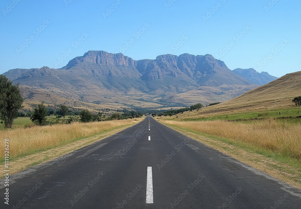 Scenic Open Road Leading to Majestic Mountain Range Under Clear Blue Sky with Green Fields and Golden Grass in the Foreground Ideal for Nature and Travel Photography Scenic Open Road Leading to Majestic Mountain Range Under Clear Blue Sky with Green Fields and Golden Grass in the Foreground Ideal for Nature and Travel Photography