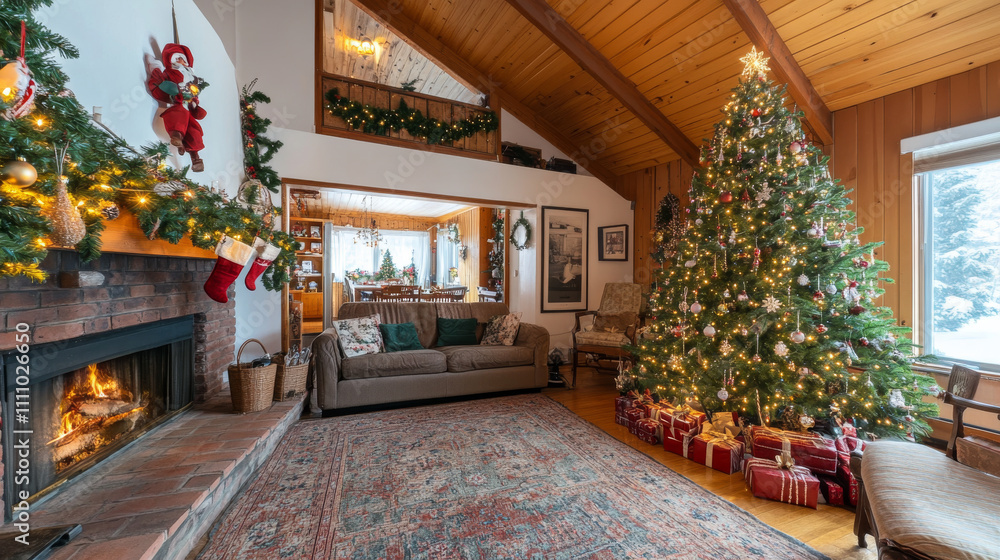 Festive decorated empty stylish living room with standing evergreen Christmas tree with lights garland, prepared for winter New Year holidays celebration vacation empty comfortable house or apartment. Festive decorated empty stylish living room with standing evergreen Christmas tree with lights garland, prepared for winter New Year holidays celebration vacation empty comfortable house or apartment.