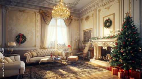 Interior of light living room with big Christmas tree and cozy furniture