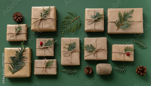 Christmas gifts wrapped into eco-friendly gift wrapping with natural decorations on green background, top view. Christmas wrapping ideas. Christmas aesthetics.