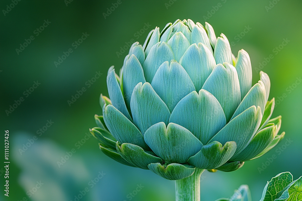 A single artichoke bud displays vibrant green hues A single artichoke bud displays vibrant green hues