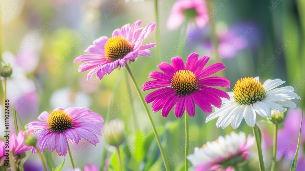 Fototapeta premium A vibrant display of pink and white daisies in a sunlit garden.