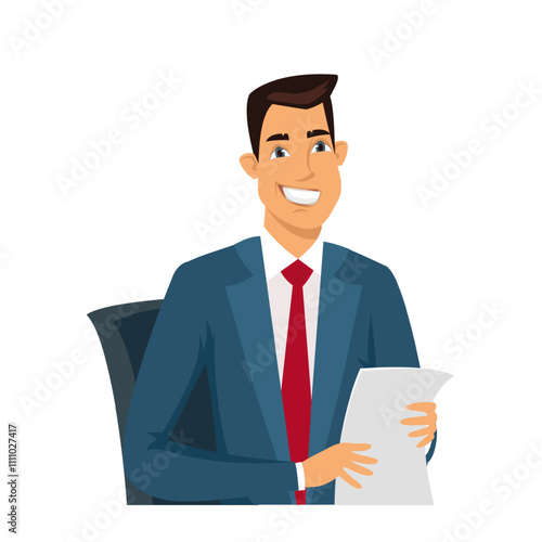 Smiling man journalist in TV studio. Live breaking news flat vector illustration. Television news program presenter cartoon male character.