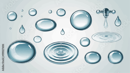 Transparent water droplets with ripples and blue tint on white background