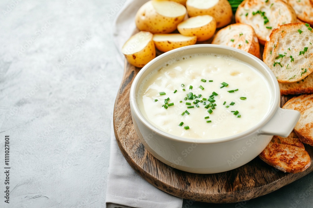 rustic cheese fondue pot on a wooden board surrounded by roasted baby potatoes, toasted baguette slices, cauliflower, and fresh apple wedges, minimalist and natural style rustic cheese fondue pot on a wooden board surrounded by roasted baby potatoes, toasted baguette slices, cauliflower, and fresh apple wedges, minimalist and natural style
