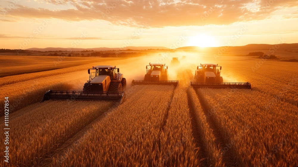 Fototapeta premium Golden Hour Harvest: Tractors Working in a Wheat Field at Sunset