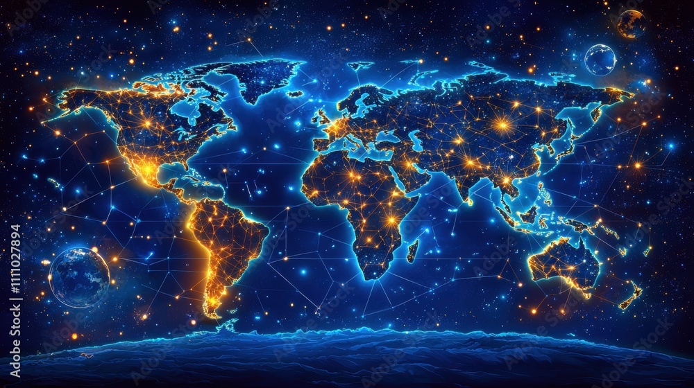 Fototapeta premium world map Futuristic Maps World map with glowing constellations and space themed elements, representing future space exploration and global connectivity beyond Earth.
