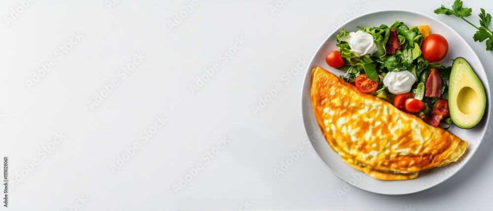 Delicious vegetable omelet served with fresh salad and avocado on a white plate Delicious vegetable omelet served with fresh salad and avocado on a white plate