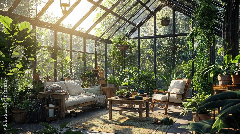 Serene Indoor Greenhouse with Lush Plants, Cozy Seating, and Natural Light Perfect for Relaxation and Gardening Enthusiasts to Enjoy Nature Indoors Serene Indoor Greenhouse with Lush Plants, Cozy Seating, and Natural Light Perfect for Relaxation and Gardening Enthusiasts to Enjoy Nature Indoors