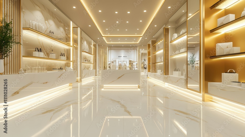 Obraz premium Elegant Modern Retail Store Interior Featuring Polished Marble Floors, Elegant Lighting, and Stylish Displays of Fashion Accessories and Handbags